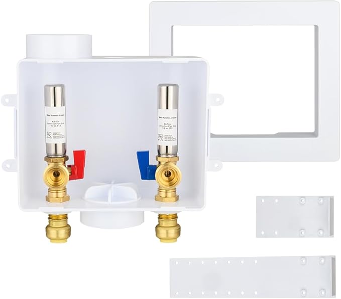 EFIELD Universal Washing Machine (Laundry) Outlet Box with Center Drain, 1/2-inch Push fit Connection With Stainless Steel Water Hammer Arrestor,(WM054)