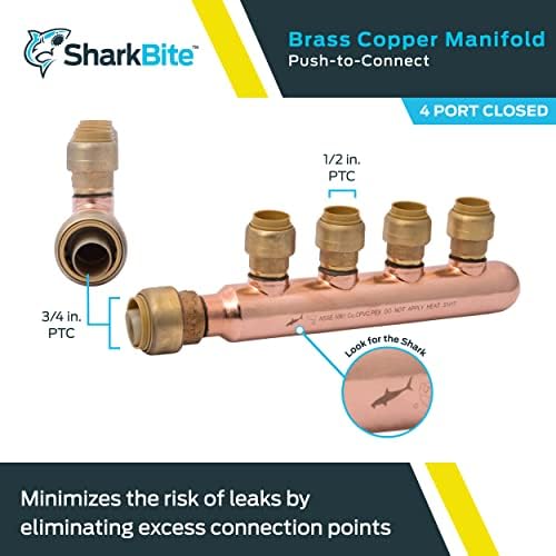 SharkBite 3/4 Inch x 1/2 Inch Outlet 4 Port Closed Multi-Port Tee, Push to Connect Brass Plumbing Fittings, PEX Pipe, Copper, PVC, 25555LF