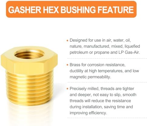 GASHER 36PCS Brass Hex Bushing Fitting Kit Hex Bushing 1/4" - 1/8", 3/8" - 1/8", 3/8" - 1/4", 1/2" - 1/4", 1/2" - 3/8", 3/4" - 1/2"