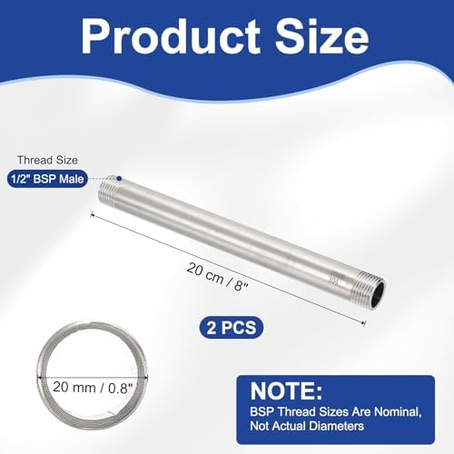 PATIKIL 304 Stainless Steel Pipe Fitting, 2 Pack 1/2" BSP Male x 1/2" BSP Male Threaded 8" Length Nipple Cast Pipe for Extending Piping, Silver