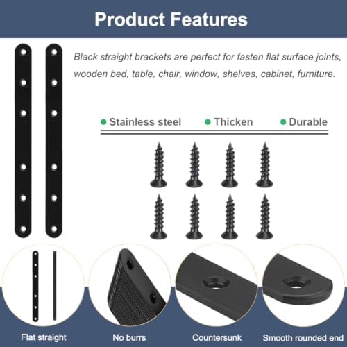 4 Pcs Black Flat Bracket 8 Inch Stainless Steel Straight Braces, Mending Plates Repair Fixing Brackets Heavy Duty Straight Repair Joining Plates with Screws