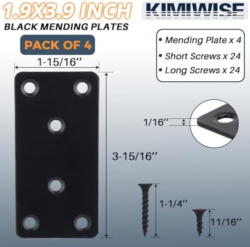 4 Pcs Flat Mending Plate, 1.9''x3.9'' Black Stainless Steel Metal Flat Straight Brace Bracket, Fixing Brace Joining Plates for Furniture, Wood, Shelves, Cabinet with 2 Different Lengths of Screws