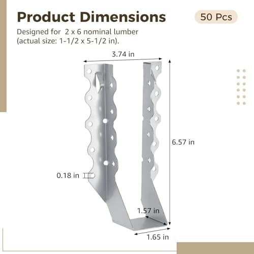 50 PCS 2x8 Joist Hangers, Stainless Steel Framing Connectors for 2 x 8 Lumber, Wood Beam Face Mount Rafter Brackets, Header to Joist Hardware for Deck, Roof, Ceiling (50)