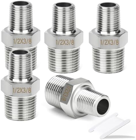 TAISHER 5PCS 304 SS New Hex Nipple, 1/2" NPT Male x 3/8" NPT Male