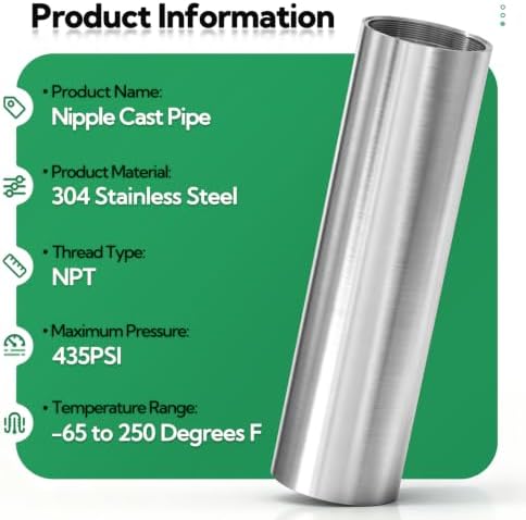 TAISHER 1Pcs 304 SS Nipple Cast Pipe Fitting, 2" NPT Female, 8" Length