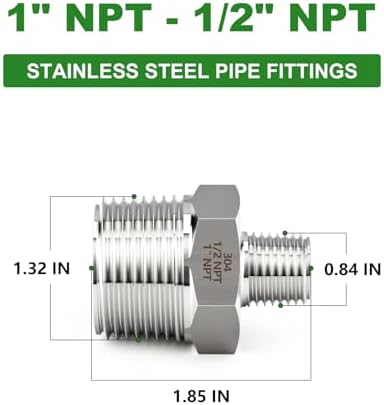 TAISHER 1PCS Forging of 304 Stainless Steel Reducer Hex Nipple, 1" NPT Male x 1/2" NPT Male Pipe Fitting