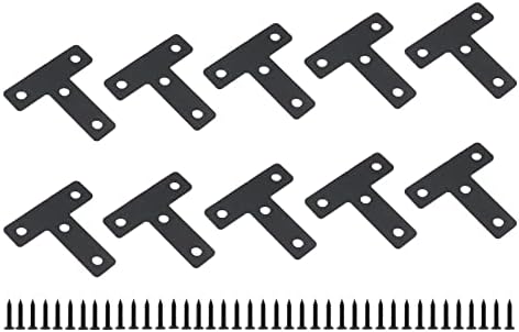 10 PCS Flat T Shape Repair Mending Plate, ULIFESTAR Heavy Duty Corner Bracket Furniture Support Brace Black Joining Bracket Fastener Connector with Mounting Screws (50x50x14mm/2x2x0.6'')
