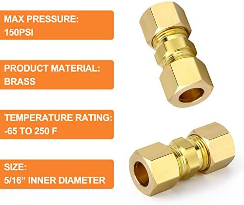 GASHER 20PCS Brass Compression Tube Pipe Fitting Connector, 5/16" Tube OD x 5/16" Tube OD Connector
