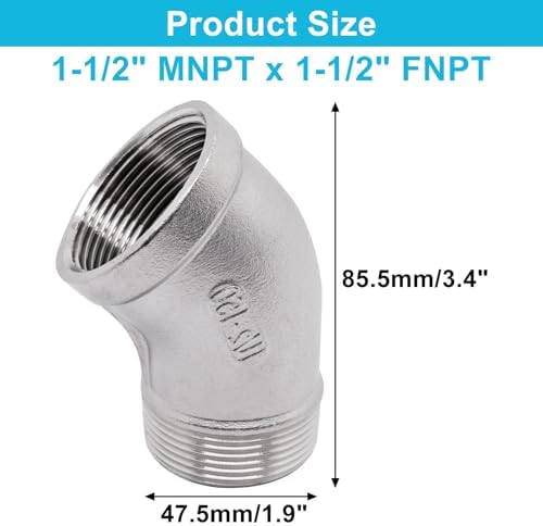 1PCS 45 Degree Elbow Fittings, 1-1/2" NPT Male to 1-1/2" NPT Female 304 Stainless Steel Pipe Fitting, Connector Coupler Apply to Outdoor Garden Industrial