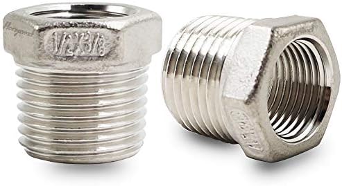 NPT 1/2" Male to 3/8" Female Hex Reducing Bushing, 304 SS, 2 Pcs