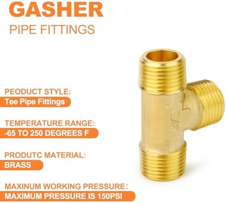 GASHER 5PCS Brass Male Tee Pipe Fitting T Adapter, 3 Way Brass Fitting 3/8" x 3/8" x 3/8" NPT T Fitting