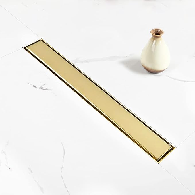 Linear Shower Drain, 48 inch Gold Drain with Tile Insert 2-in-1 Panel, Brushed 304 Stainless Steel Gold Shower Floor Drain, Linear Drain with Hair Strainer and Adjustable Feet