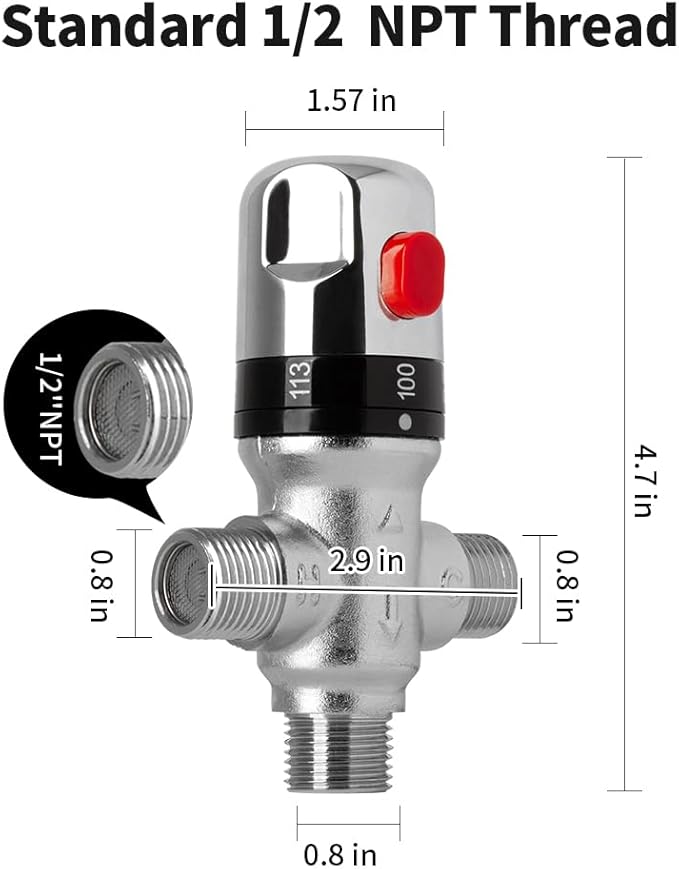 WiseWater Thermostatic Mixing Valve with 1/2 NPT thread, Chrome Plated Brass 3-way Constant Temperature Control Valve Fahrenheit Scale Mark Bathroom Faucet and Shower Water Mixing Valve