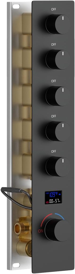 Shower Valve Concealed Shower Mixing Faucet with Temperature Display Function, Flow Control Brass Diverter Valve Kit, 5 Function Can Be Activated Simultaneously, Matte Black