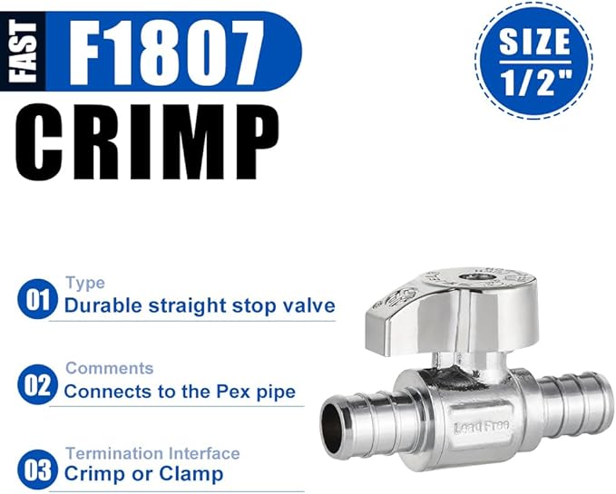 Pro 10-Pack EFIELD 1/4 Turn Straight Stop Valve, Pex Crimp 1/2" X 1/2" Pex, Chrome Plated LF Brass, ASTM F1807, Heavy Duty,(VALVE382)