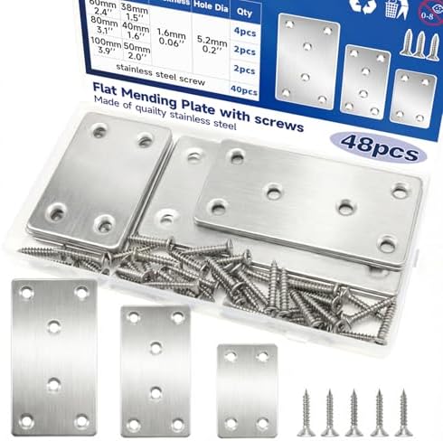 8Sets 3Sizes 2.4x1.5'' 3.1x1.5'' 4x2'' Silver Flat Metal Brace Brackets Straight Mending Plates for Wood Stainless Steel Bracket Plate with Holes YY032-B