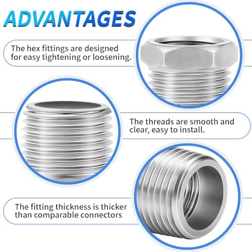 ChillWaves 304 Stainless Steel Pipe Fitting, Reducer Hex Bushing 1/2" NPT Male x 1/8" NPT Female Thread Adapter(6-PACK)