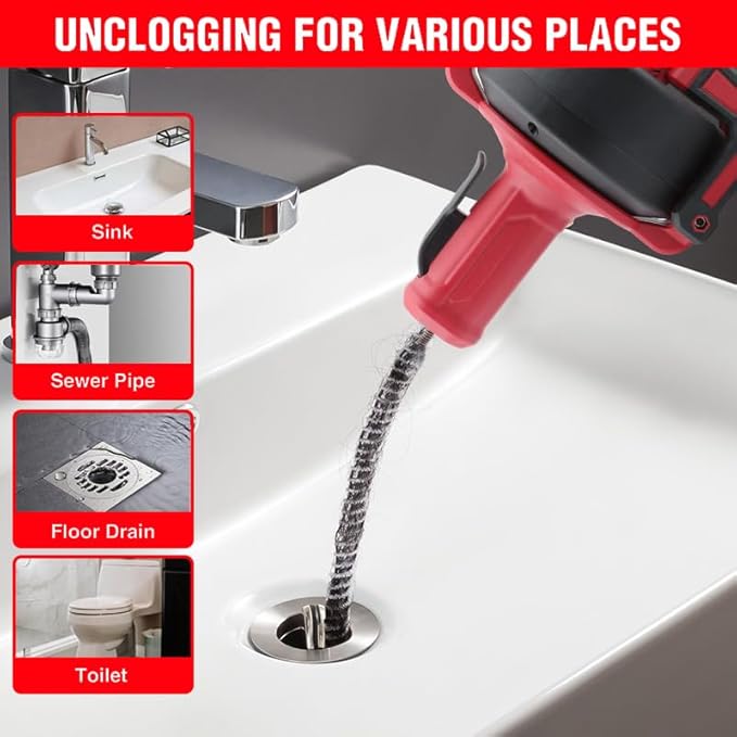 21V Cordless Electric Drain Auger, Plumbing Snake with 23FT Telescopic Cable & Battery & Charger, Suitable for Kitchen, Bathroom, Shower Pipes