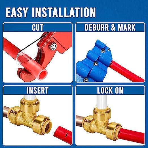 Push Fit Plumbing Tee - Push-to-Connect Plumbing Fittings - Straight/Elbow/Tee Plumbing Fitting with 31/2" Disconnect Clip - Push fit Fittings for Copper Copper, PEX, CPVC Pipe (1/2", 10)