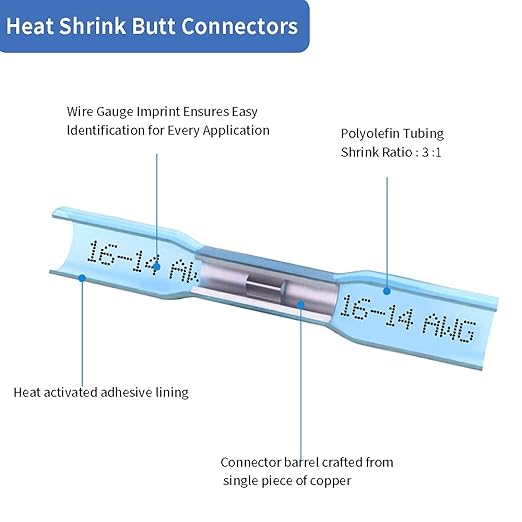200 Pcs Blue Heat Shrink Butt Connectors, 16-14 AWG Waterproof Electrical Crimp Terminal Splice Wire Connectors for Marine, Automotive, Cable, Wiring