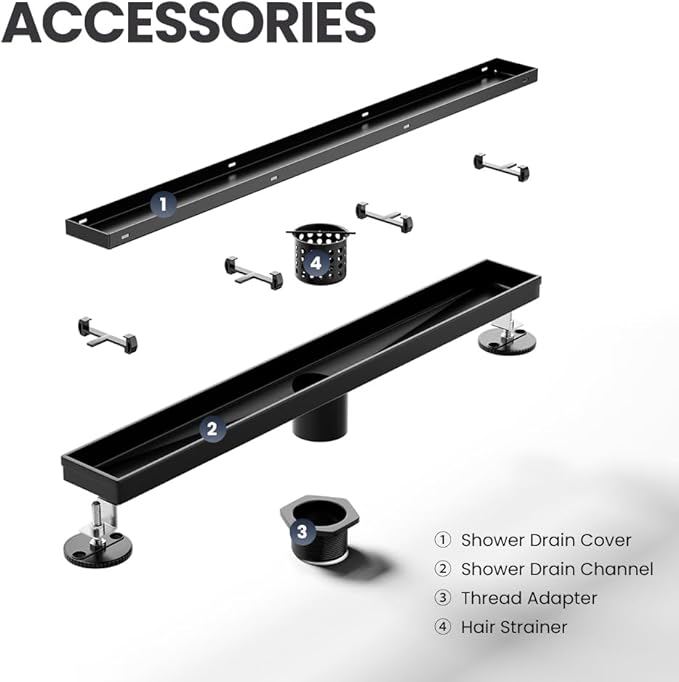 Linear Shower Drain 60 Inch Black, Shower Drain with 2-in-1 Tile Insert Panel, Brushed AISI 304 Stainless Steel Linear Drain for Fast Drainage, Floor Drain for Bathroom, Kitchen, Garage & More