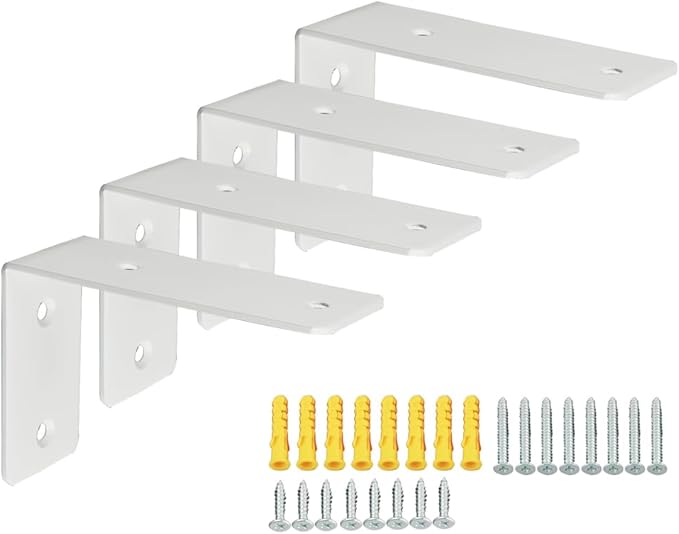 Alise Floating Shelf Brackets Heavy Duty L-Shaped Wall Brackets - White Angle Corner Braces for Shelves, Stainless Steel Reinforced Shelf Support Bracket for Wooden Boards 5x3.4 Inch,Pack of 4
