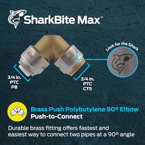 SharkBite Max 3/4 Inch x 3/4 Inch Polybutylene Transition 90 Degree Elbow, Push to Connect Brass Plumbing Fitting, PEX Pipe, Copper, CPVC, PE-RT, HDPE, UR4256A