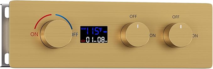 2 Way Shower Diverter Valve Brass 2 Functions Digital Temperature Display Thermostatic Shower Mixing Kit 3 Handle Flow Cotrol Valve, Can Run Simultaneously (Brushed Gold)