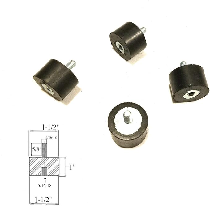 Pack of 4 Rubber Vibration Isolator Mounts - 1-1/2" Diameter x 1" Height, 5/16-18 x 5/8" Length Stud Male/Female Threads on Opposite Side