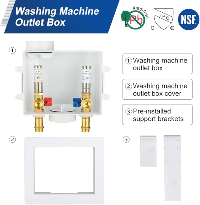 EFIELD Washing Machine Outlet Box, 1/2-inch Copper Press Inlet with Center Drain, White (SS Water Hammer Arrestor),(WM056)