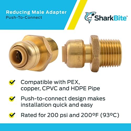 SharkBite 1/4 Inch x 1/2 Inch MNPT Reducing Adapter, Pack of 6, Push To Connect Brass Plumbing Fitting, PEX Pipe, Copper, CPVC, PE-RT, HDPE, U110LF