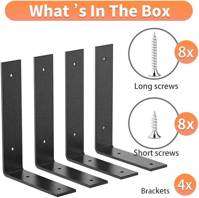 Black Heavy Duty Shelf Brackets 6 Inch, Rustic Gold Iron L Shelf Bracket, Industrial Modern Metal Floating Shelf with Hardware for DIY Open Shelving, 4 Pack