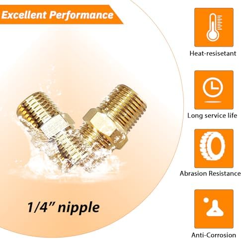 2PCS Hex Brass Nipple 1/4" NPT Male X 1/4" NPT Male Pipe Fitting 1/4 inch Brass Pipe Nipples Male Pipes Adapter Fittings Heavy Equal Nipples Connectors