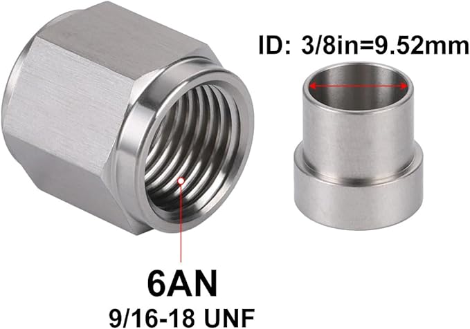 6AN Hardline Stainless Steel Tube Nut and Sleeve Fitting for 3/8" OD Tubing, 2 Sets