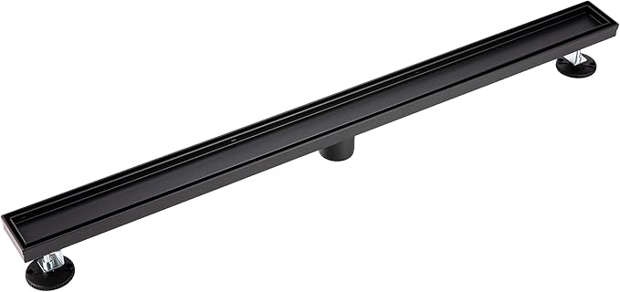 36 inch Linear Shower Drain with Removable Square Hole Panel by Using 304 Stainless Steel Process, Linear Drain Equipped with Adjustable Feet and Hair Strainer（Matte Black Color）