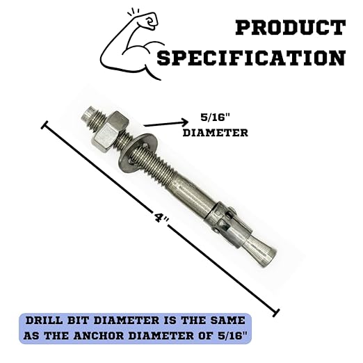 Wedge Anchors – Heavy-Duty 304 Stainless Steel Expansion Bolts for Concrete & Masonry, Rust-Resistant & Durable - 5/16" X 4" - 50 Pack