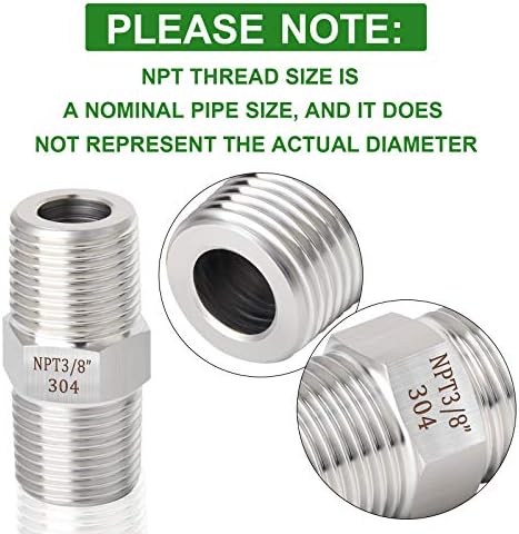 TAISHER 5PCS 304 Stainless Steel Hex Nipple, Pipe Fitting 3/8-Inch Male Pipe x 3/8-Inch Male Pipe