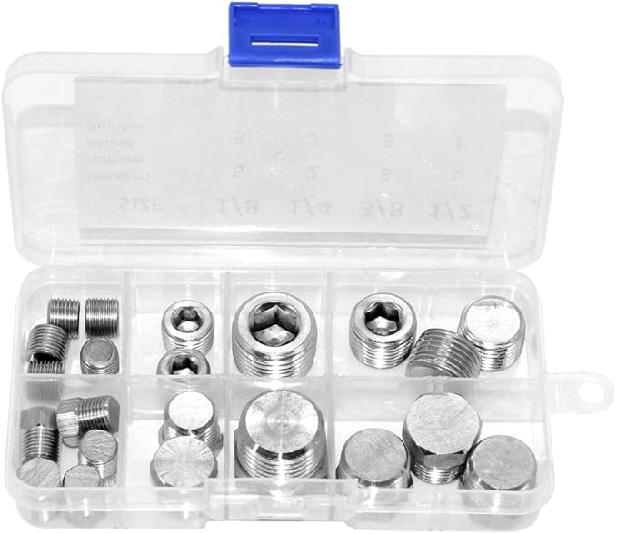 Joywayus Stainless Steel Pipe Plug Inter&Outer Hex Thread Pipe Fitting,1/8" 1/4" 3/8" 1/2" NPT Countersunk Plug Kit 22PCS