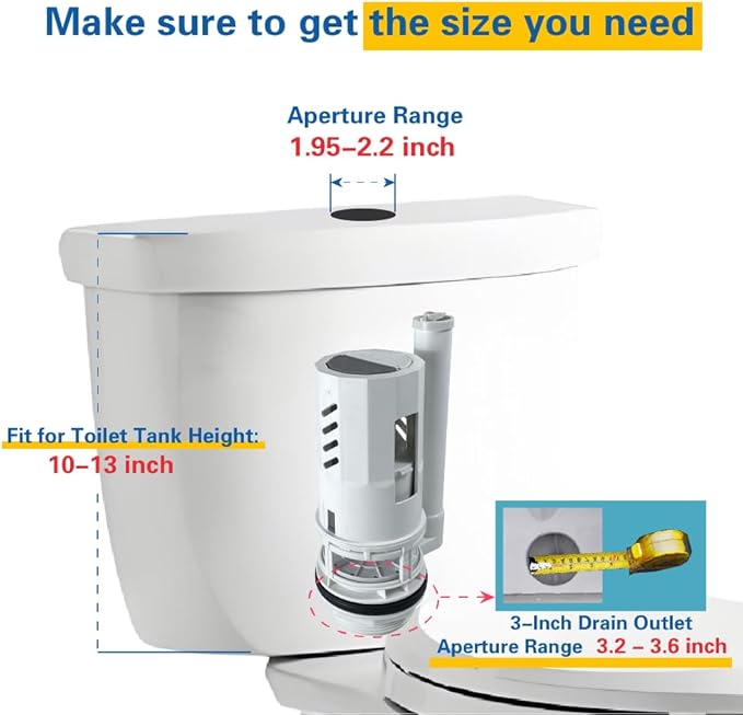 3-Inch Dual Flush Valve Replacement Kit for 2-Piece Toilets (10"-13" Tank Height) | Fits 3.2"-3.6" Drain Holes | Includes Flush Valve with 1.9" Thread Push Button, Fill Valve, Gasket, Bolts