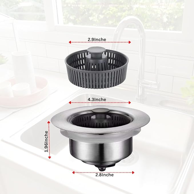 Upgraded 3in1 Kitchen Sink Drain Strainer & Sink Stopper, Stainless Steel Kitchen Drain Plug & Sink Installation Parts with Anti-Clogging Basket, Fit US Standard 3-1/2.8'' Sink Drain Hole