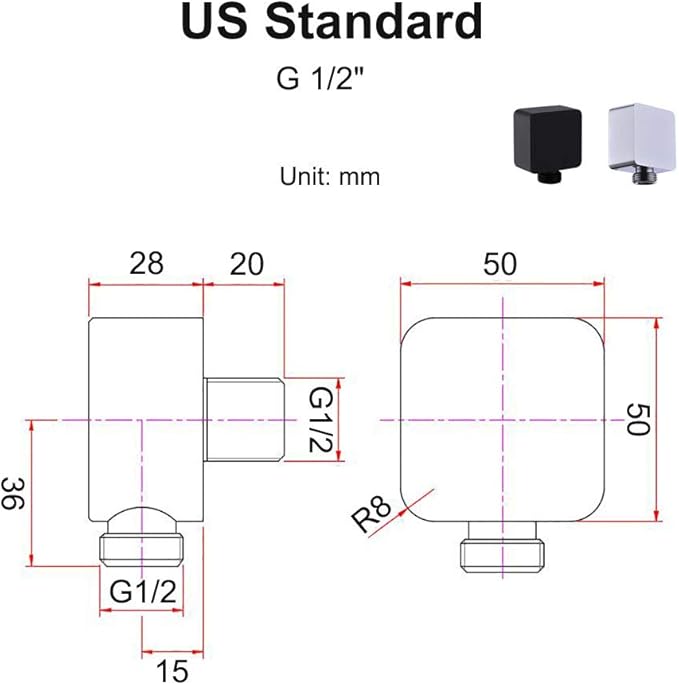 Brass Wall Supply Elbow, Nicmondo G1/2” Square Shower Hose Connector, Drop Ell Wall-mounted Union Water Outlet for Handheld Shower Handshower, Matte Black