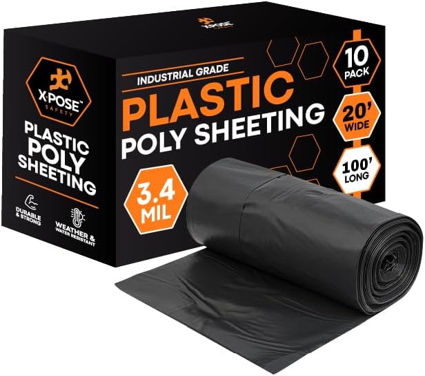 Xpose Safety Black Plastic Sheeting 10 Pack – 20' x 100' Rolls – Heavy Duty 3.4 Mil Poly Sheet – Waterproof, Dustproof, Vapor Barrier – for Construction, Painting, Industrial Use