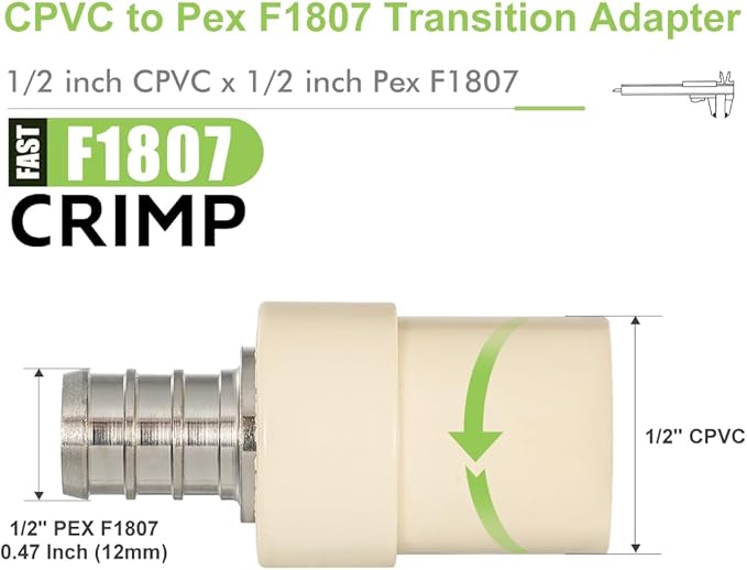 2 Pack 1/2" Pex x 1/2" CPVC Transition Adapter Heavy Duty Brass Barb PEX Fittings for for PEX-B and cPVC Pipe Connection,Lead-Free Brass NSF/ANSI 61 NSF 372 Certificate, ASTM F1807