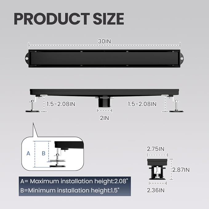 Linear Shower Drain 30 Inch Black, Brushed AISI 304 Stainless Steel Shower Drain with 2-in-1 Tile Insert Panel, for Bathroom, Kitchen, Garage & More