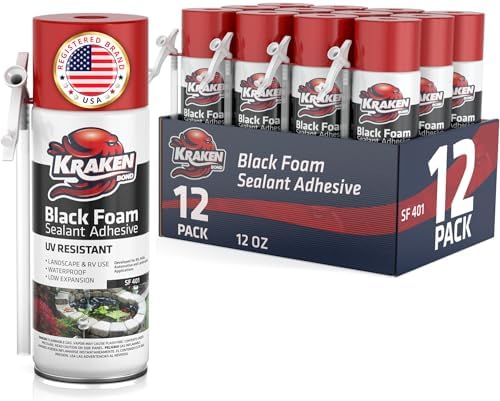 Kraken Bond Black Spray Waterfall Foam Sealant - (12x12oz) Expanding Polyurethane Pond Foam Sealer Black, UV Resistant Insulating Spray for Landscape & Exterior, Straw Use, 12 Pack
