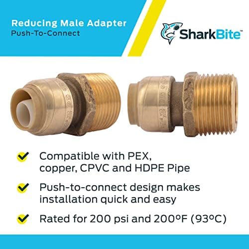 SharkBite 1/2 Inch x 3/4 Inch MNPT Reducing Adapter, Pack of 6, Push To Connect Brass Plumbing Fitting, PEX Pipe, Copper, CPVC, PE-RT, HDPE, U116LF