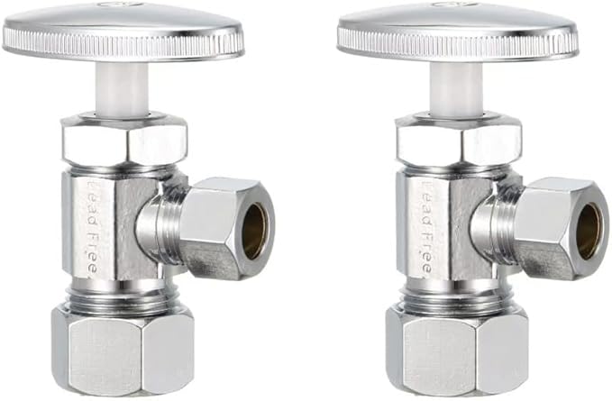 2 Pack slow turn Brass Angle Valve, Anti-Corrosion, Lead-Free, 5 Year Warranty, Easy Installation Angle Stop Valve for Plumbing, 1/2” Nominal x 3/8” Compression