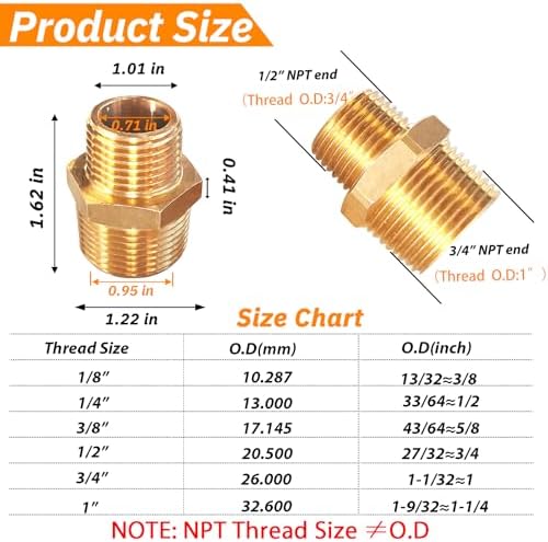 2pcs 3/4" NPT x 1/2" NPT Brass Nipple, 3/4 to 1/2 Adapter Fitting Reducing Solid Hex Nipple, Brass 3/4 Male to 3/2 Male Reducer Pipe Fittings for Extending and Connecting Pipes