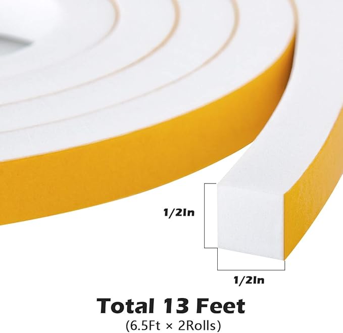 Foam Strips with Adhesive High Density Weather Stripping Neoprene Foam Tape for Doors Windows Insulation, 1/2" Wide X 1/2" Thick, 6.5 Ft X 2 Rolls, Total 13 Feet