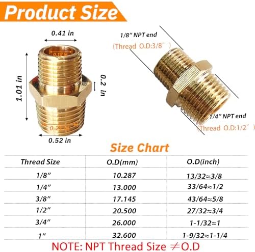 2pcs 1/4" NPT x 1/8" NPT Brass Nipple, 1/4 to 1/8 Adapter Fitting Reducing Solid Hex Nipple, Brass 1/4 Male to 1/8 Male Reducer Pipe Fittings for Extending and Connecting Pipes